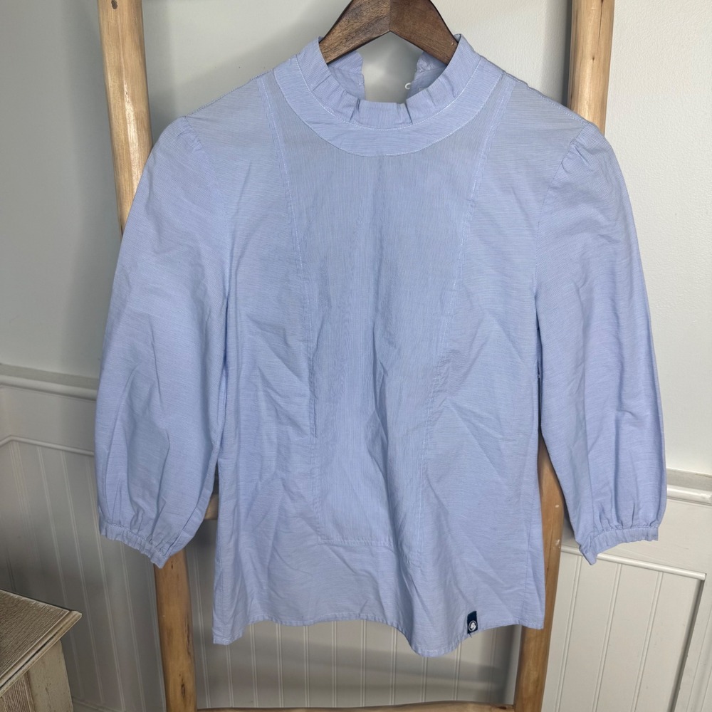 Southern Proper Womens Blue Pinstripe Ruffle Neck 3/4 Sleeve Blouse Size S